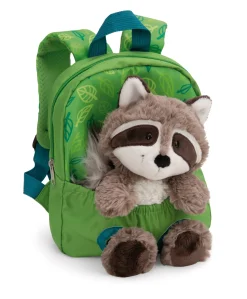 Grüner Rucksack mit Plüschtier Waschbär
