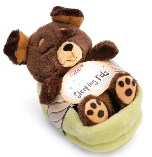Kuscheltier Sleeping Pets brauner Hund 12cm im grünen Körbchen NICI GREEN