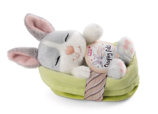 Kuscheltier Sleeping Pets Hase grau 12cm im grünen Körbchen