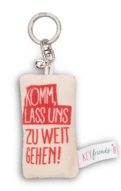 Schlüsselanhänger Mini Plüschkissen "Komm, lass uns zu weit gehen!" m. Glöckchen