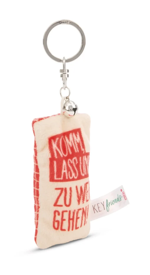 Schlüsselanhänger Mini Plüschkissen "Komm, lass uns zu weit gehen!" m. Glöckchen